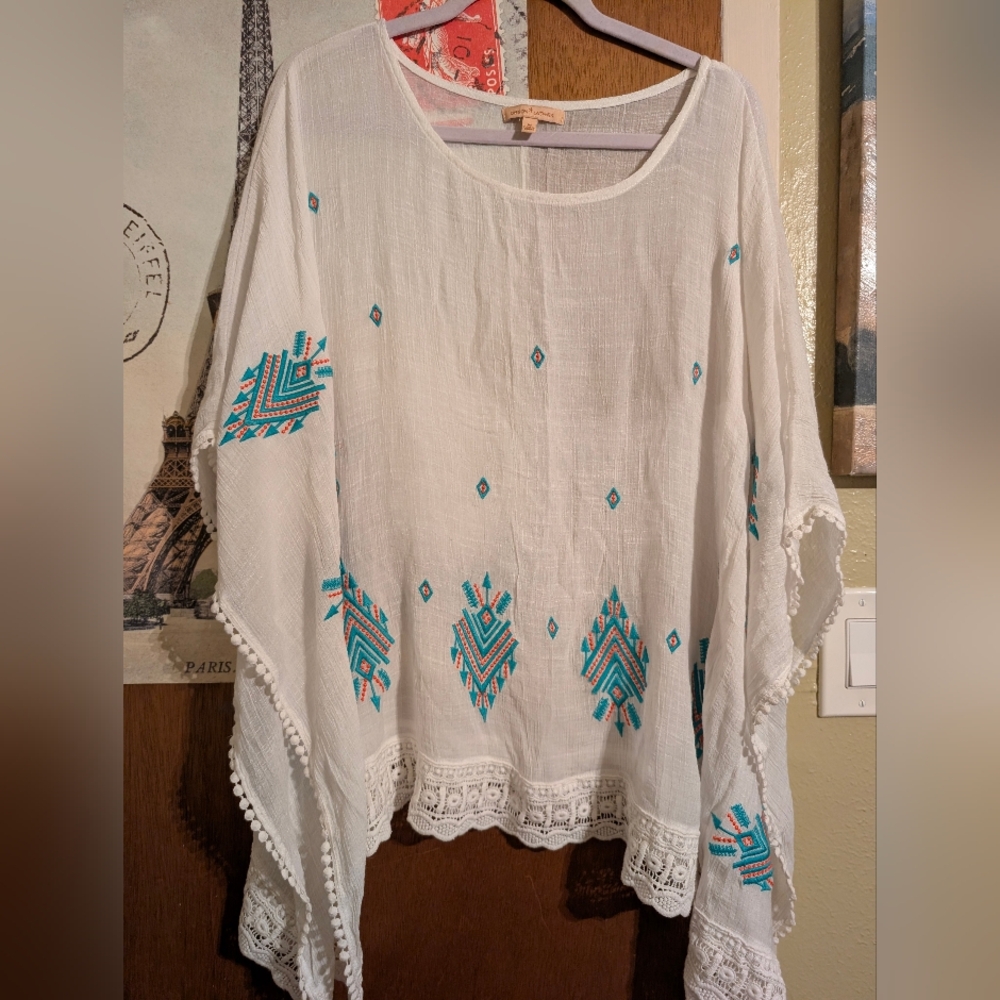 White and Teal Embroidered Women's Top